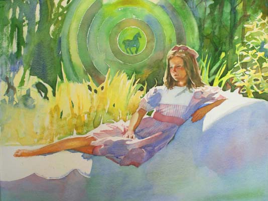 Young girl reclining with blue horse in background