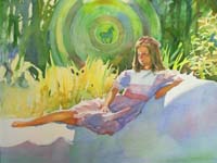 Young girl reclining with blue horse in background