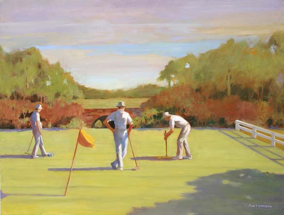 Three figures playing croquet