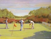 Three figures playing croquet